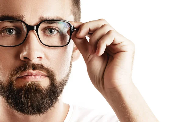 Jonge Knappe Bebaarde Man Met Bril Witte Achtergrond — Stockfoto