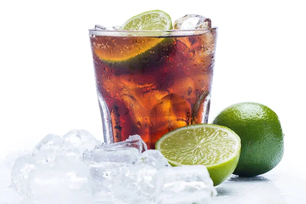 Glass Cold Cuba Libre Highball Cocktails Coke Ice Cubes White — Stock Photo, Image