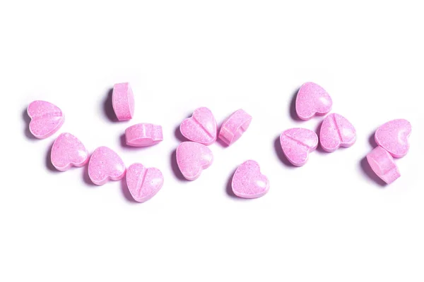 Detailní Záběr Několika Růžové Srdce Tvaru Pilulky Bílém Pozadí — Stock fotografie