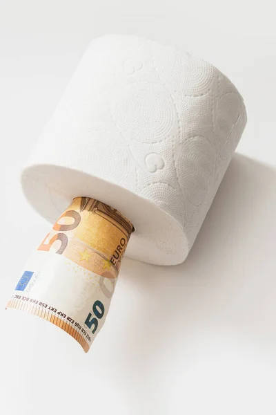 Closeup Shot Fifty Euro Banknote Put Toilet Paper Roll Concept — Stock Photo, Image