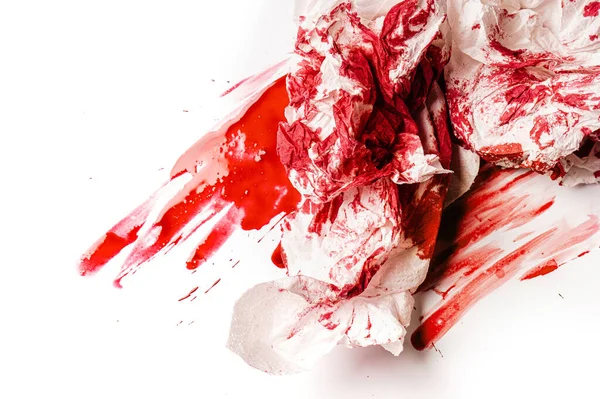 Asciugamano Carta Sporca Vernice Rossa Che Sembra Sangue Sfondo Bianco — Foto Stock