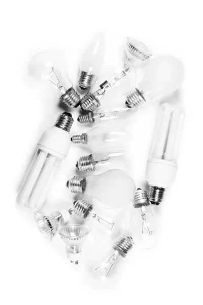 Pile Obsolete Incandescent Halogen Light Bulbs White Background — Stock Photo, Image