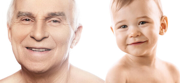 Portrait of elderly man and baby boy. Concept of rebirth and cycle of life.