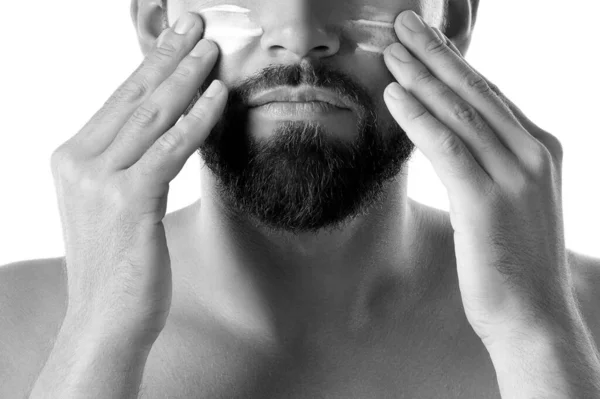Men Beauty Young Man Applying Moisturizing Aging Cream His Face — Stock Photo, Image