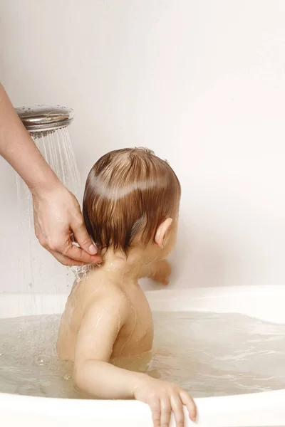 Mother Washing Showering Her Adorable Little Son Warm Water — Stock Photo, Image