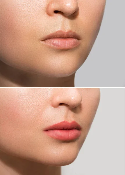 Closeup Female Lips Permanent Makeup Lip Blushing Procedure — Stock Photo, Image