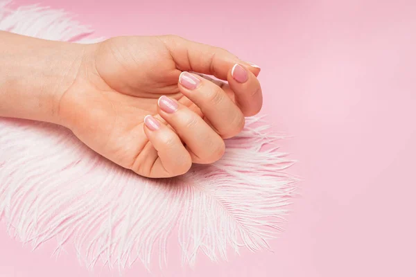 Closeup Female Hand Smooth Skin Soft Ostrich Feather Pink Background — Stock Photo, Image