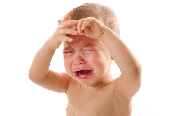 Closeup Shot Adorable Upset Little Boy Crying White Background — Stock Photo, Image