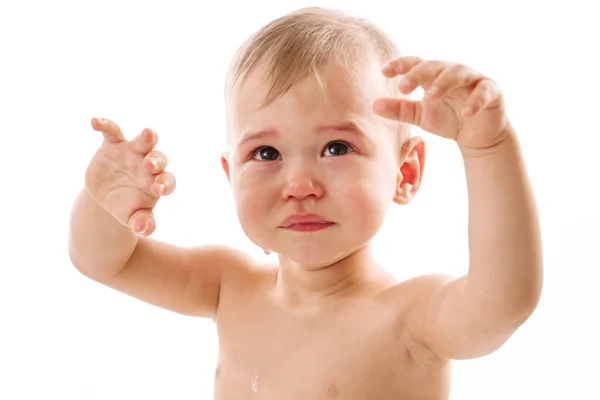 Closeup Shot Adorable Upset Little Boy Crying White Background — Stock Photo, Image