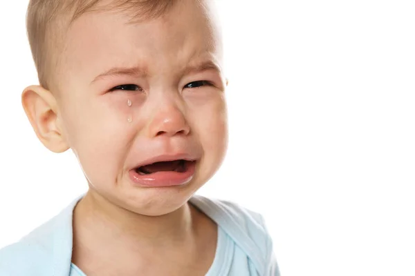 Closeup Shot Face Adorable Crying Little Boy Romper White Background — Stock Photo, Image
