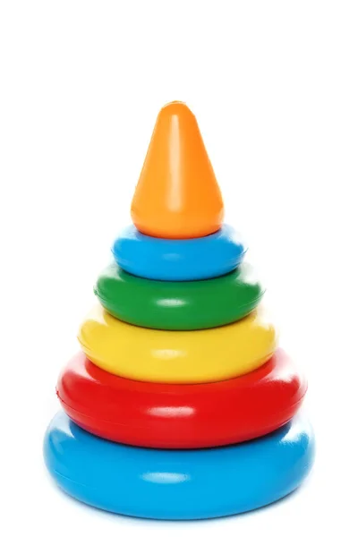 Крупный План Красочной Пластиковой Укладки Колец Игрушки Маленьких Детей Белом — стоковое фото