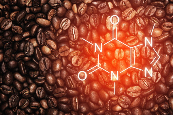 Background of roasted coffee beans and caffeine formula