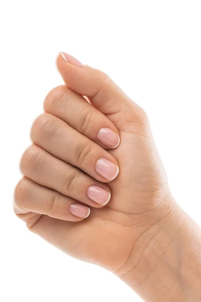 Closeup Female Hand Soft Skin Beautiful French Manicure White Background — Stock Photo, Image