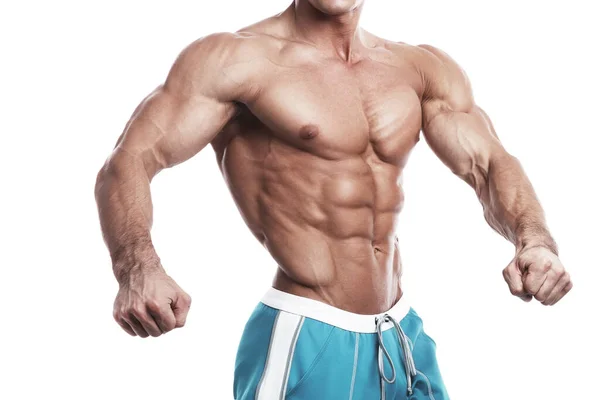 Torso Masculino Desfiado Com Peito Muscular Abdominais Fundo Branco — Fotografia de Stock