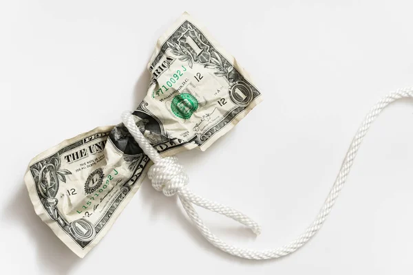 White Rope Tangled Crumpled One Dollar Bill Concept Money Fraud — Stock Photo, Image