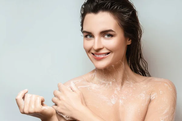 Young Sensual Woman Washing Her Body Shower Gel — Stock Photo, Image