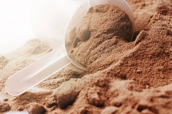 Closeup Scoop Chocolate Whey Protein Mass Gainer Powder — Stock Photo, Image