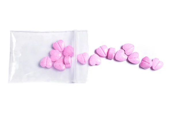 Detailní Záběr Průhledný Zip Taška Růžové Srdce Tvaru Pilulky Bílém — Stock fotografie