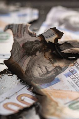 Yanmış yüz dolarlık banknotların kalıntıları ekonomik kriz, enflasyon ve iş başarısızlığını simgeliyor..
