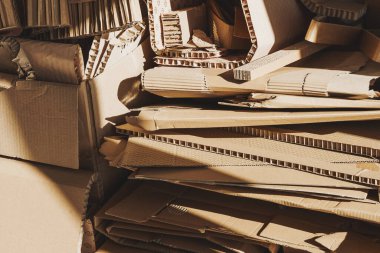 Güneş ışığında bir yığın karton atık. Kağıt Geri Dönüşüm ve Atık Sıralama kavramları.