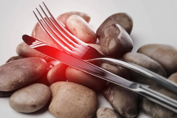 Stones Cutlery Concept Stomach Heaviness Other Digestive Problems — Stock Photo, Image