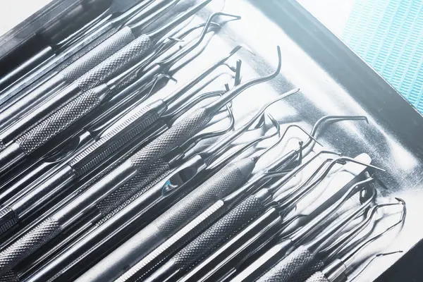 Closeup Different Dental Tools Dentist Workplace — Stock Photo, Image