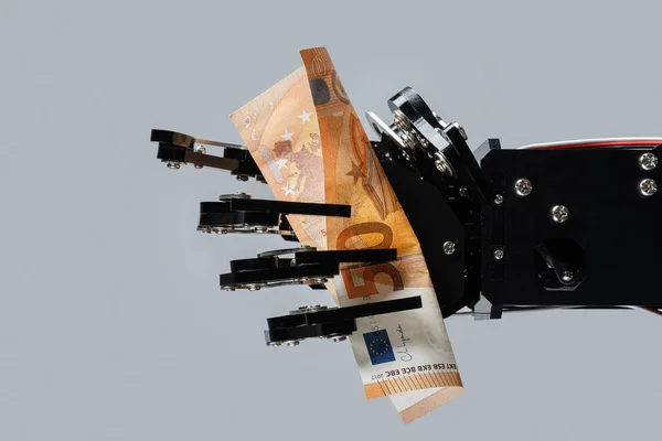 Real Robotic Hand Fifty Euro Banknote Concepts Investment Artificial Intelligence — Stock Photo, Image