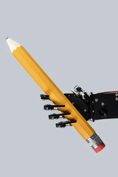 Real Robotic Hand Big Pencil Concept Powered Chatbot Development — Stock Photo, Image
