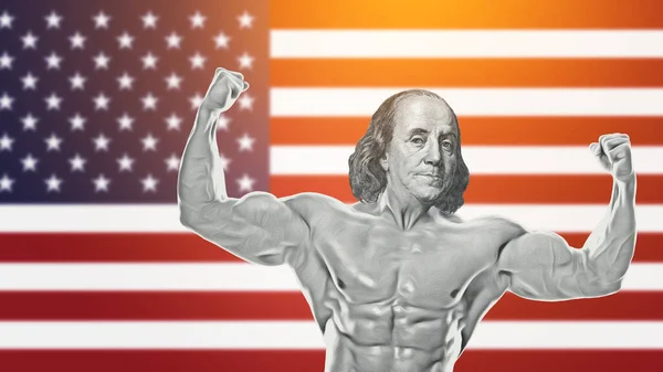 Muscular Benjamin Franklin Showing Double Biceps American Flag Background Compositing — Stock Photo, Image