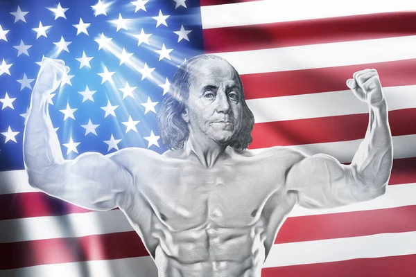 Muscular Benjamin Franklin Mostrando Bíceps Duplos Contra Bandeira Americana Segundo — Fotografia de Stock