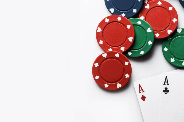 Closeup Two Aces Cards Casino Chips — Stock Photo, Image