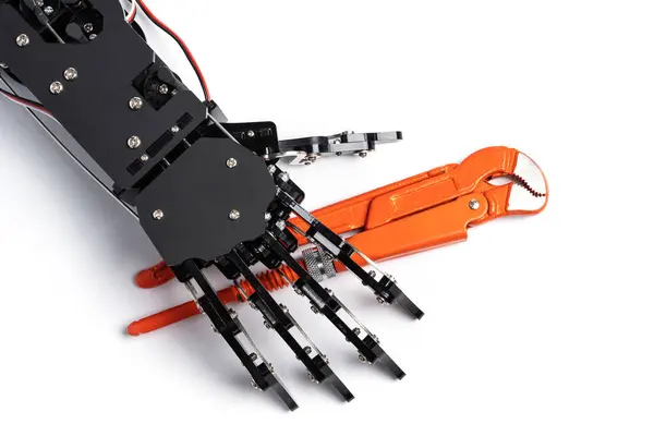 Echte Robothand Met Loodgieterssleutel Concepten Van Kunstmatige Intelligentie Ontwikkeling Het — Stockfoto