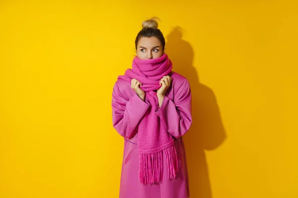 Portrait Young Cheerful Woman Wearing Pink Coat Wool Scarf Yellow — Stock Photo, Image