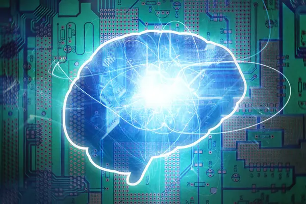 Vorm Van Hersenen Met Lichteffecten Printplaat Symboliseren Kunstmatig Neuraal Netwerk Stockfoto
