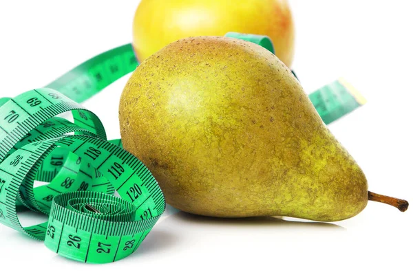 Frutas Frescas Saludables Cinta Métrica Verde Sobre Fondo Blanco —  Fotos de Stock