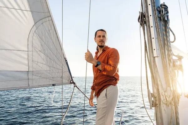 Portrait Young Handsome Man His Sailboat Sailing Sea — Stock Photo, Image