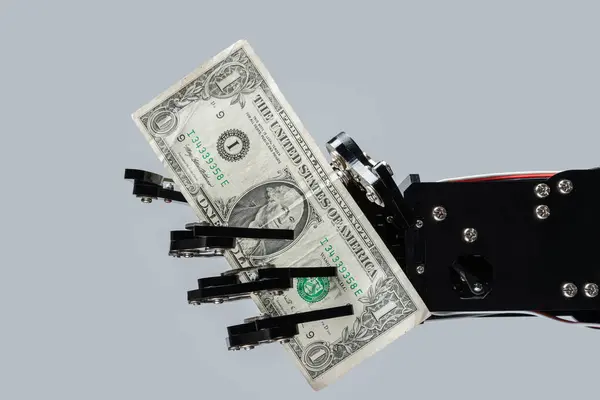 Real Robotic Hand One Dollar Bill Concepts Investment Artificial Intelligence — Stock Photo, Image