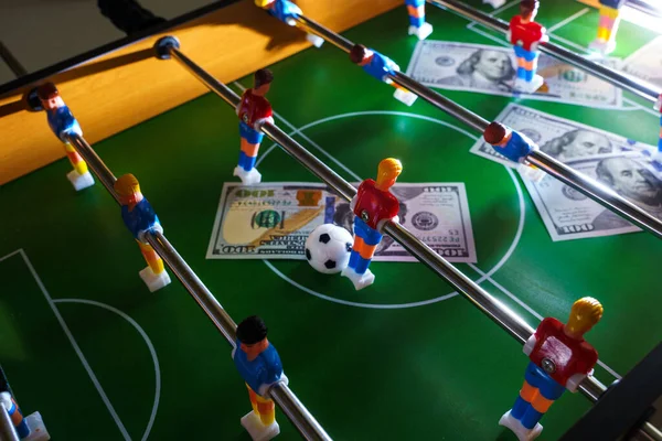 Table Football Game Dollar Bills Scattered Alluding Betting Concept Victory — Stock Photo, Image