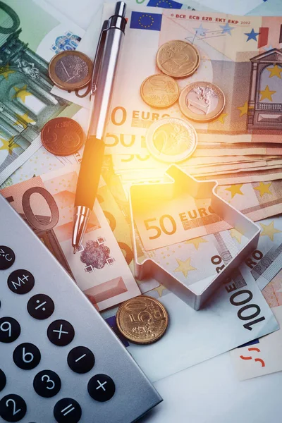 Tiny Metal House Euro Banknotes Calculator Pencil Concept Property Tax — Stock Photo, Image