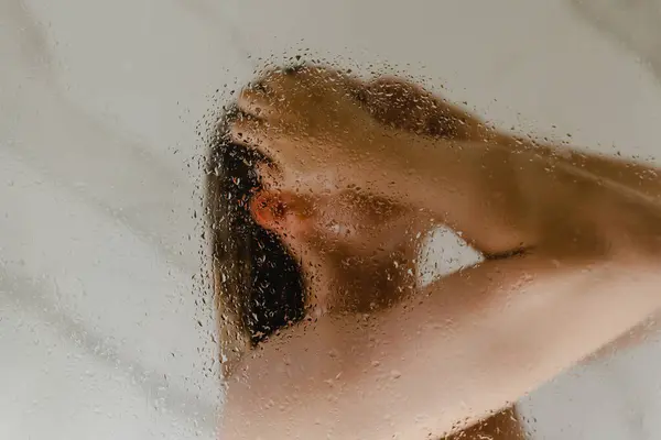 Beautiful Woman Taking Shower Wet Glass Focus Droplets — Stock Photo, Image