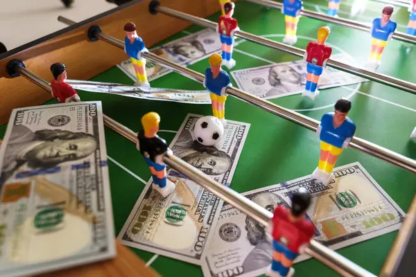 Table Football Game Dollar Bills Scattered Alluding Betting Concept Victory — Stock Photo, Image