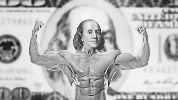 Muscular Benjamin Franklin Showing Double Biceps Strong Dollar Symbol Stability — Stock Photo, Image