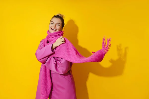 Portrait Young Cheerful Woman Wearing Pink Coat Wool Scarf Yellow — Stock Photo, Image