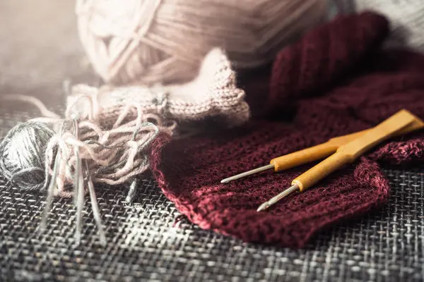 Closeup Woolen Threads Knitting Needles Crochet Hooks — Stock Photo, Image