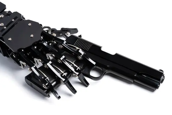 Real Robot Hand Handgun Concept Takeover Technological Singularity — Stock Photo, Image