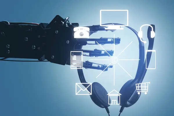 Real robot's hand with headset. Business and marketing. CRM and retail strategy for products or services sales powered by AI.
