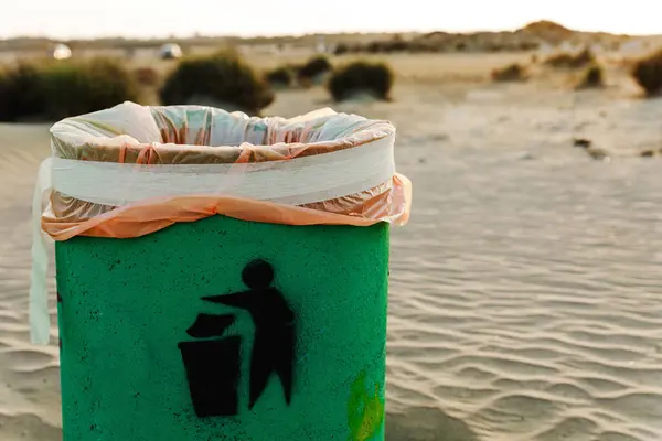 Green waste container on sandy beach. Plastic waste pollution and greenwashing.