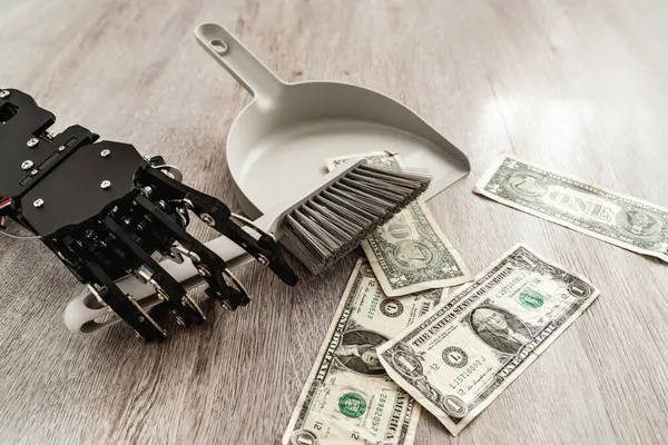 Robotic Hand Wielding Dustpan Brush Meticulously Sweeping One Dollar Bills Stock Image