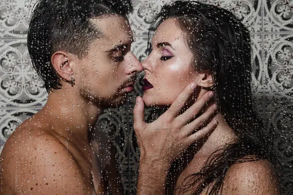 Portrait Beautiful Sensual Couple Captured Wet Glass Stock Image