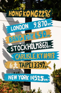 Colorful signpost marking the distances to global cities. Different travel destinations. clipart